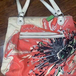 Coach Floral Canvas Tote - Cream and Red